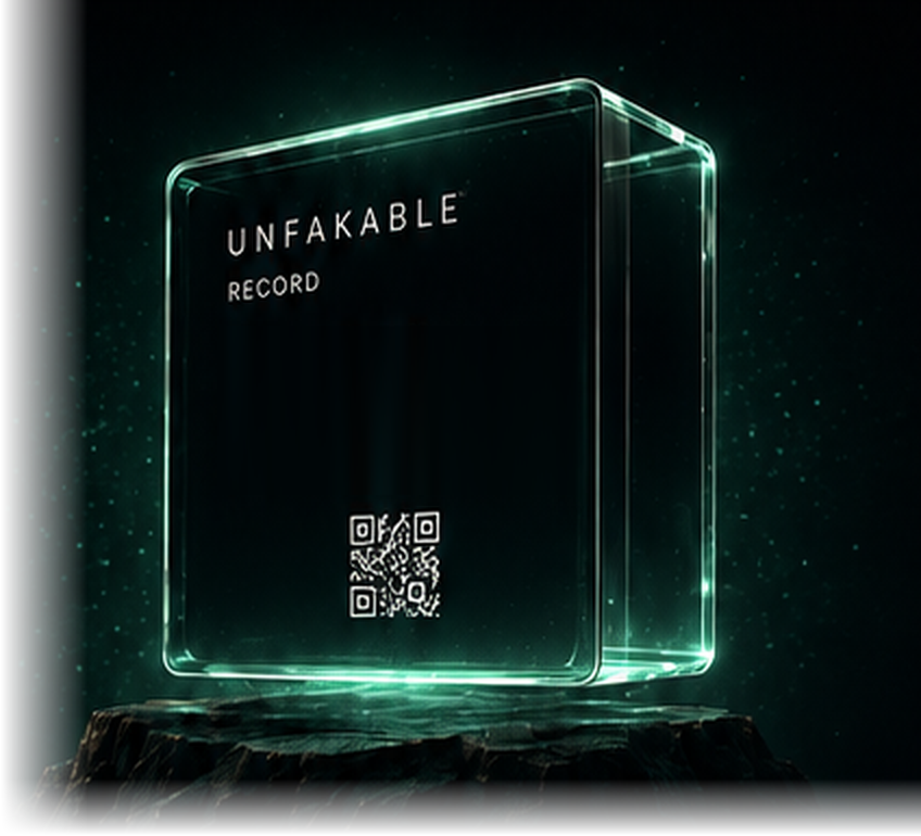 An Unfakable Record, illustrated: one glass object on a stone base, filling with the evidence of one event.